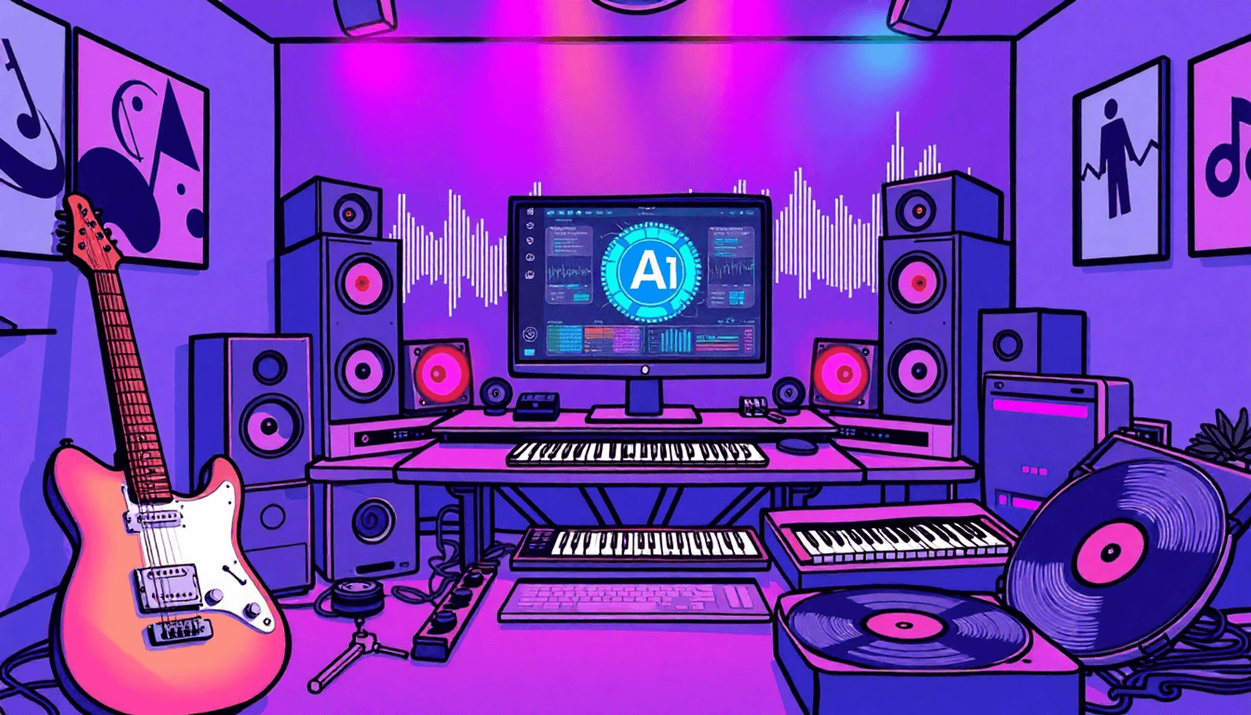 En livlig futuristisk musikstudie med en computer, der viser AI-software, omgivet af instrumenter som en guitar og et keyboard, sat mod farverige l...