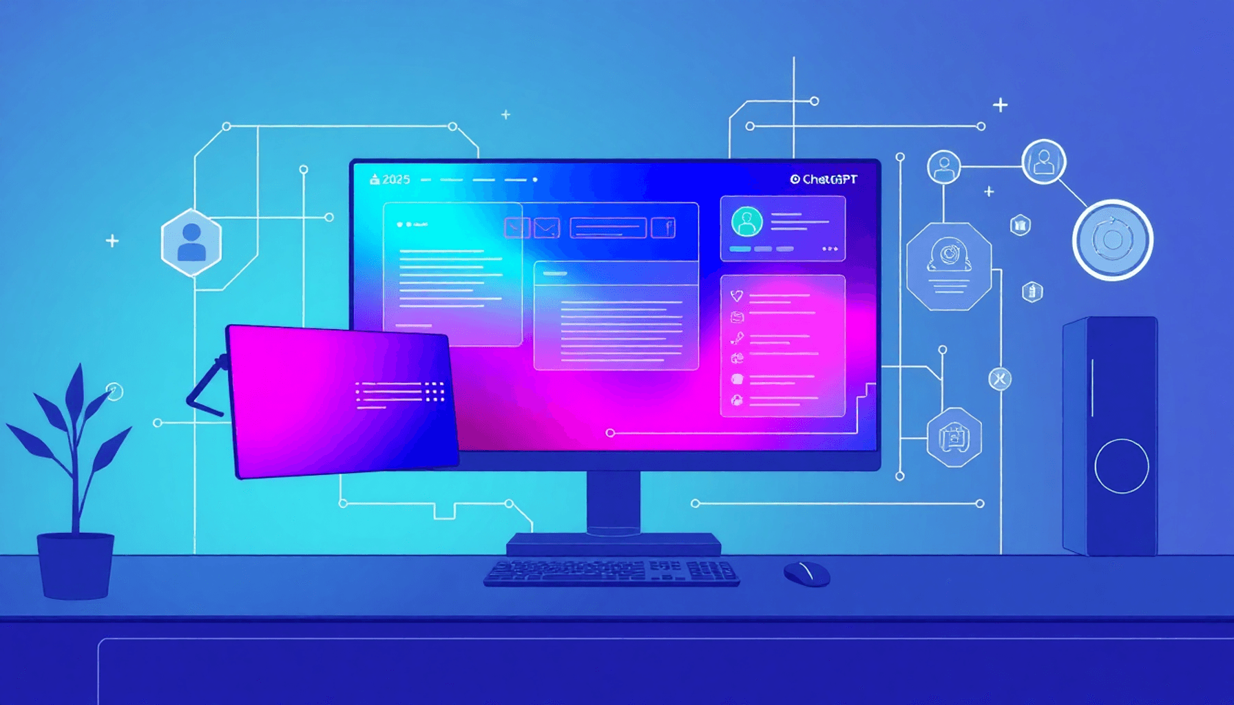En slank futuristisk digital arbejdsplads med et 67cf36da 21fd 4ac6 ad45 cf303298864a En slank, futuristisk digital arbejdsplads med et levende AI-interface, der indeholder abstrakte elementer af automatisering og personalisering i e...