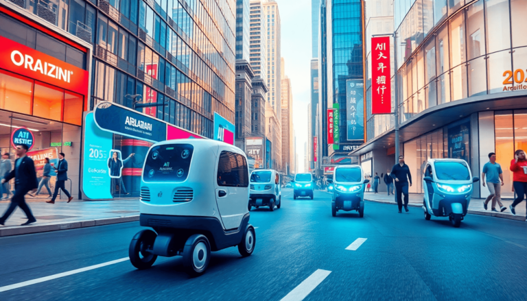 En travl futuristisk gade i en by i 2025 med auton ad8860b9 db69 4926 b4c7 322b7262621b En travl futuristisk gade i en by i 2025 med autonome leveringsrobotter, moderne arkitektur og livlige digitale grænseflader, der viser AI's integr...