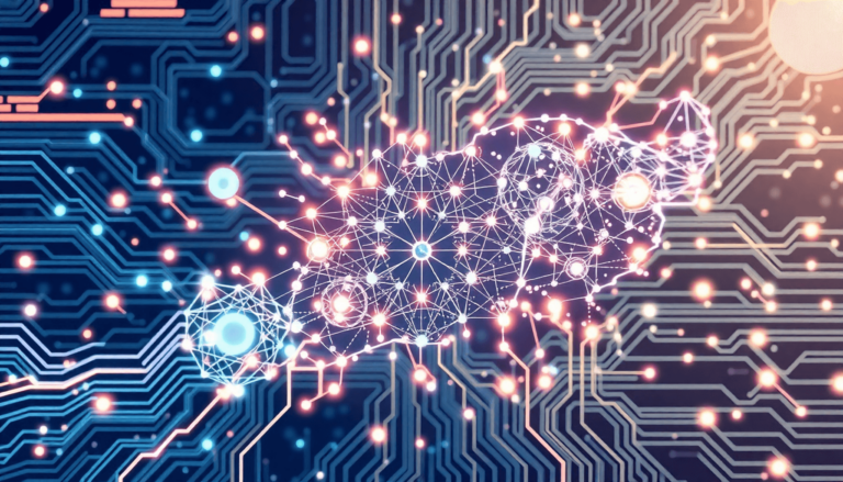 En enlinjet tegning af abstrakte qubits og neurale a0085a2f f4e2 427a b4c6 228f81edfb75 En enlinjet tegning af abstrakte qubits og neurale netværk sammenflettet, sat mod en digital baggrund af lysende kredsløb og svindende lysmønstre.