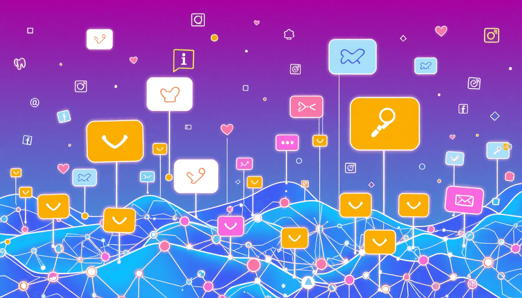 En livlig digital landskab med abstrakt AI-teknologi og ikoner for sociale medier, afbildet i en one-line tegningstil med lyse farver for at formid...