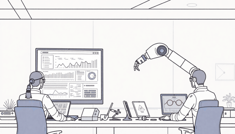 En minimalistisk linjetegning af et moderne kontor f2eb773d 1b9c 4a83 9494 9856aaff56b4 En minimalistisk linjetegning af et moderne kontor med en computerskærm, der viser dataanalyse, robotarme og digitale grænseflader, som symbolisere...