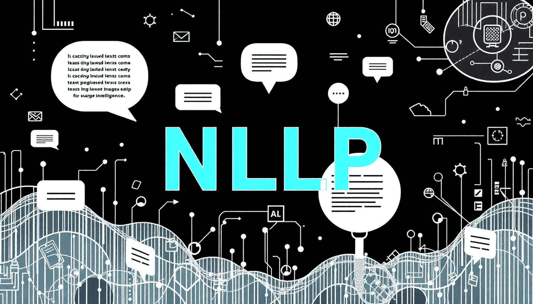 En abstrakt en linjers tegning der illustrerer na 3aad9026 c19f 4924 82b6 cc6c3f8ca57b En abstrakt en-linjers tegning, der illustrerer naturlig sprogbehandling med tekstdata, algoritmer, bogstaver og talebobler i et digitalt miljø.