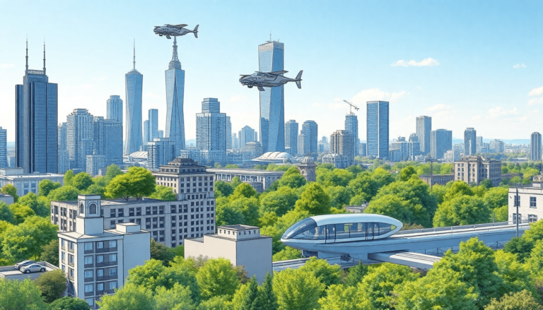 En futuristisk bysilhuet med en flyvende bil over 13834f0a aa7c 47a5 bca2 c224c57de819 En futuristisk bysilhuet med en flyvende bil over bygningerne og et hyperloop-tog i baggrunden, alt sammen afbildet i en livlig stregtegning i én l...
