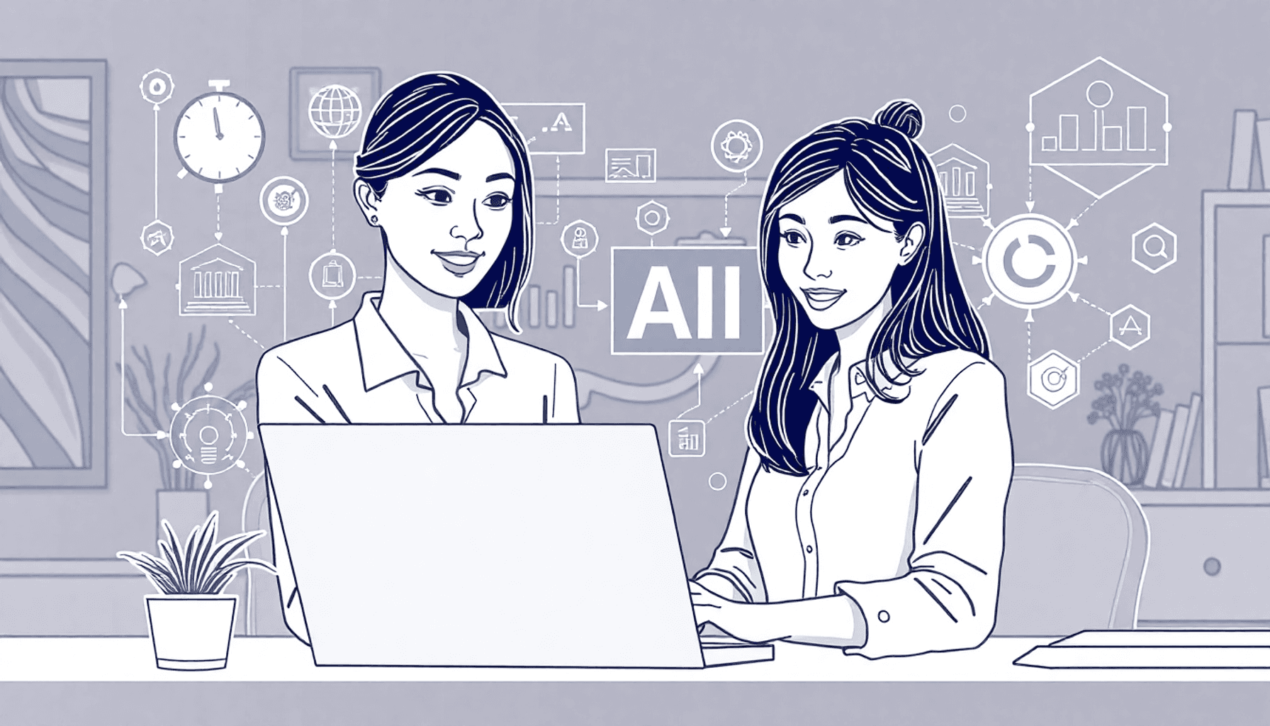 En lille virksomhedsejer der arbejder paa en baerba 5bc5aa62 0a3d 4289 918f 7b706426290e En lille virksomhedsejer, der arbejder på en bærbar computer i et hyggeligt kontor, omgivet af AI-relaterede grafik, der symboliserer automatiserin...