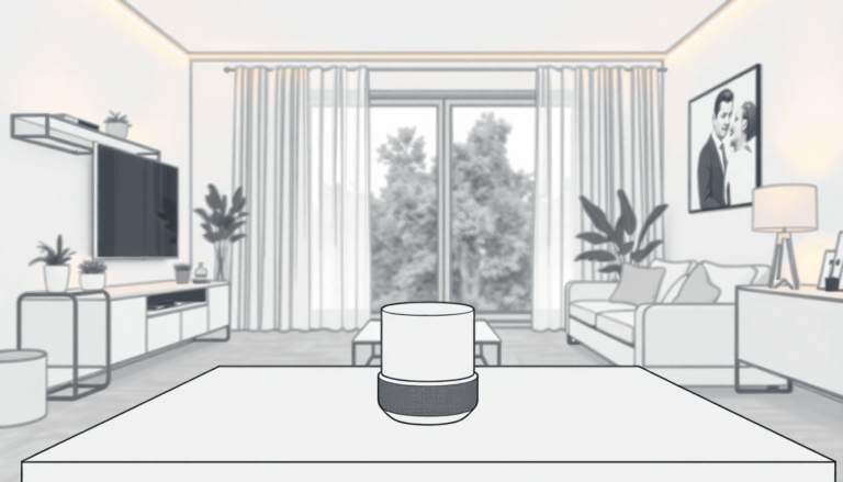 En minimalistisk en linjers tegning af et moderne 35bebf62 8df0 455a 9d58 287d0f264cae En minimalistisk en-linjers tegning af et moderne smart home-interiør, der viser en slank smart assistent, automatiseret belysning og en hyggelig a...