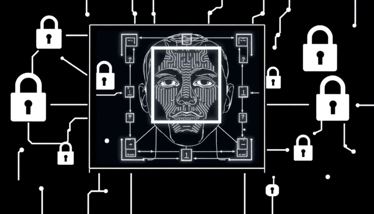 Naerbillede af et digitalt ansigtsgenkendelsesinter 6b012300 148c 4098 b483 44b7227ce084 Nærbillede af et digitalt ansigtsgenkendelsesinterface med abstrakte privatlivssymboler som låse og skygger, der understreger spændingen mellem ove...