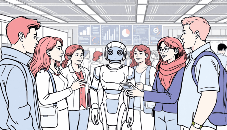 En enlinjet tegning af en mangfoldig gruppe der i c51e1098 322e 49c0 9072 a3bb8f7026a8 En enlinjet tegning af en mangfoldig gruppe, der interagerer med robotter og digitale grænseflader i et teknologisk avanceret offentligt rum, der v...